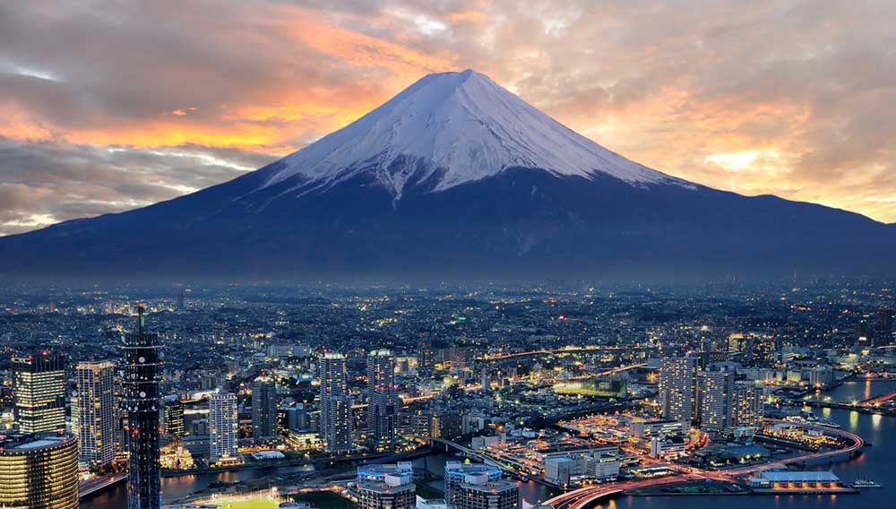 Japan Mount Fuji Sunset over City 